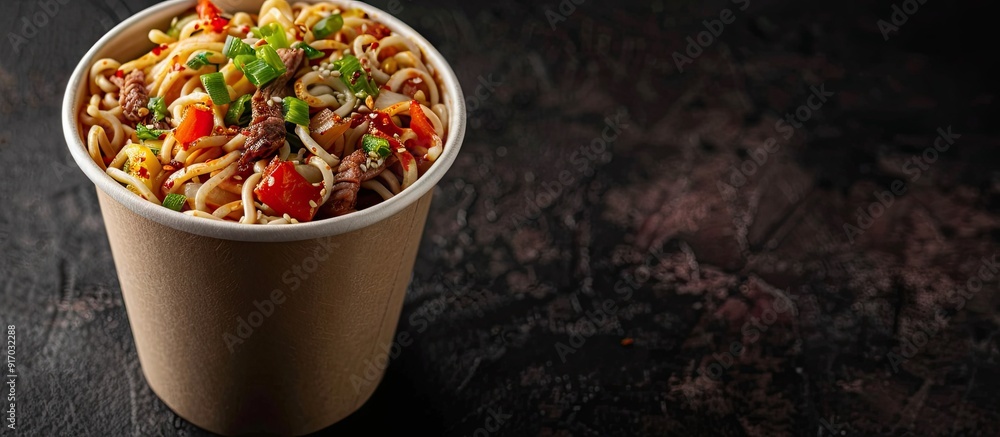Poster Instant ramen noodles with beef and vegetables in a paper cup with space for adding images. . image with copy space