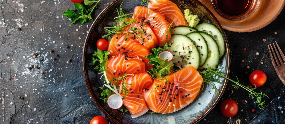 Poster japanese style salmon and seafood salad with a beautiful copy space image for visual appeal