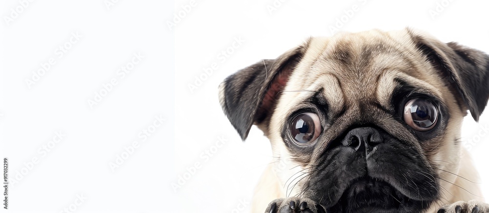 Poster A cute baby pug dog with a small size is seen in the image with space for text. . image with copy space