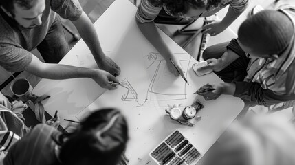 Fashion designers team up to create new clothing designs, brainstorming ideas at a sketching table