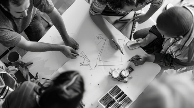 Fashion designers team up to create new clothing designs, brainstorming ideas at a sketching table