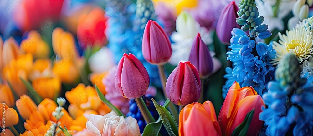 Aufkleber a vivid and vibrant display of various flowers including colorful tulips in a close up shot with amp