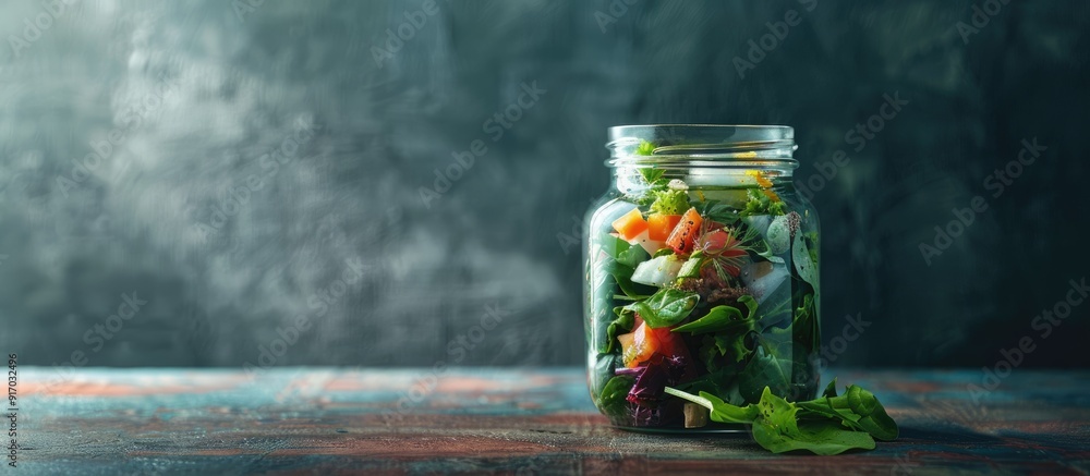 Poster salad in a glass jar with copy space image