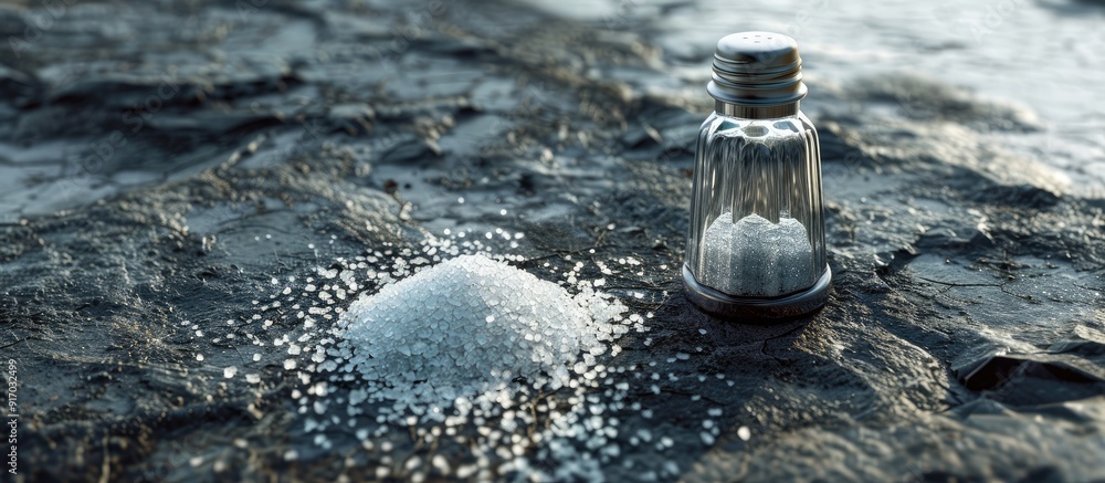 Poster a salt shaker is placed near a spilled pile of salt on a concrete stone surface in the copy space im