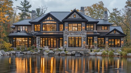 Obraz premium Capture a serene lakeside retreat with 2024 trends, highlighting natural light and meticulous detail