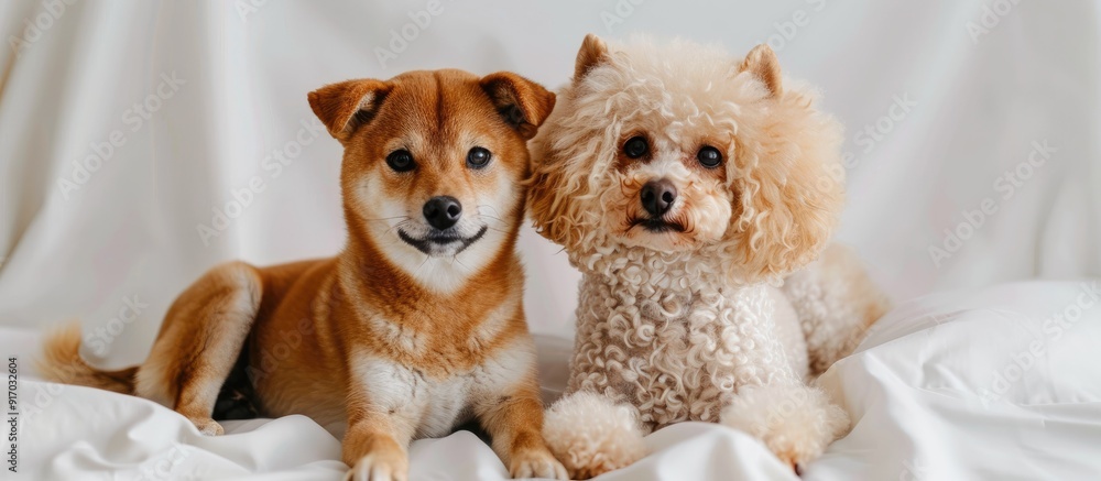 Poster shiba inu and toy poodle dogs pose on a white backdrop in a copy space image