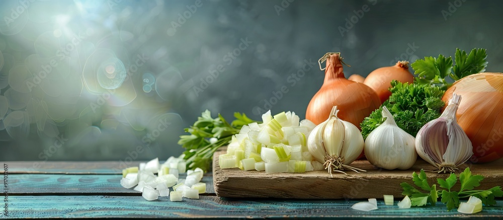 Poster freshly chopped garlic onion shallot and parsley displayed on a wooden board with copy space image