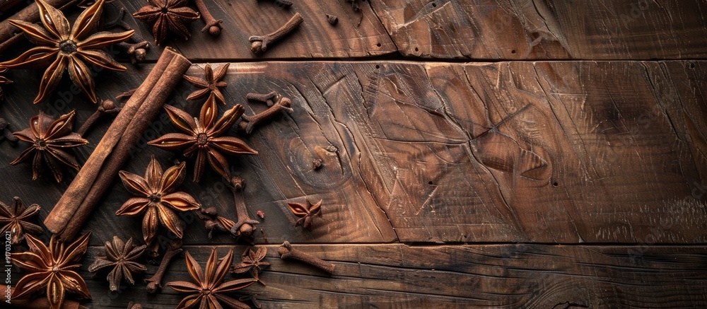 Poster a stew recipe featuring star anise and cinnamon with a copy space image set on a wooden background