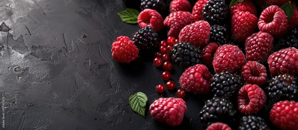 Poster Red and black raspberries displayed on a black backdrop with a clear area for text or design a copy space image