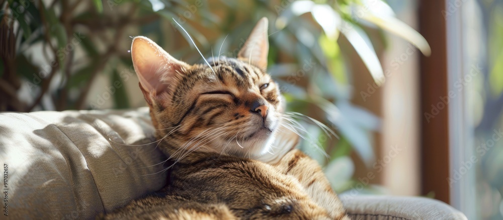 Poster an exotic breed cat lounges on a sunny day indoors set against a background with copy space image