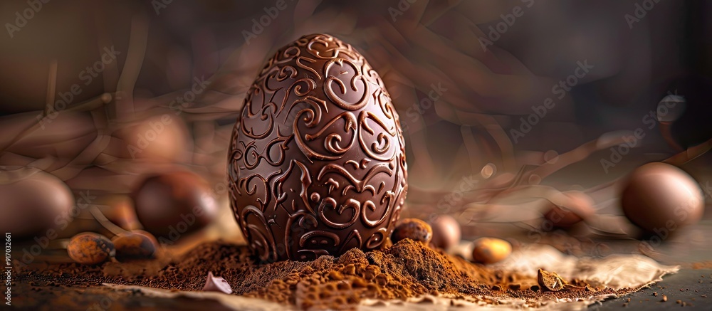 Poster Tempting chocolate Easter egg with a festive touch perfect for the spring season and adorned with intricate decorations ideal for festive occasions ucchocolate image. . image with copy space