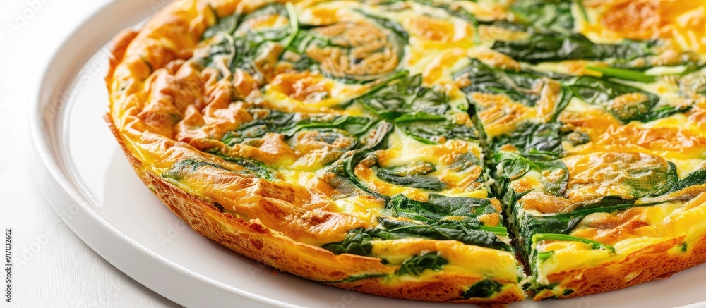 Poster delicious spinach frittata with copy space image set against a white backdrop