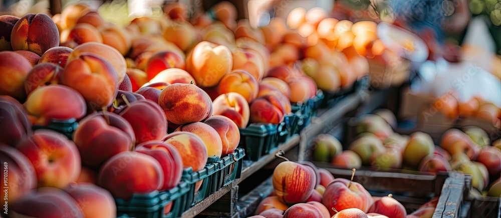 Poster Fresh ripe peaches displayed on a market stall with available copy space image