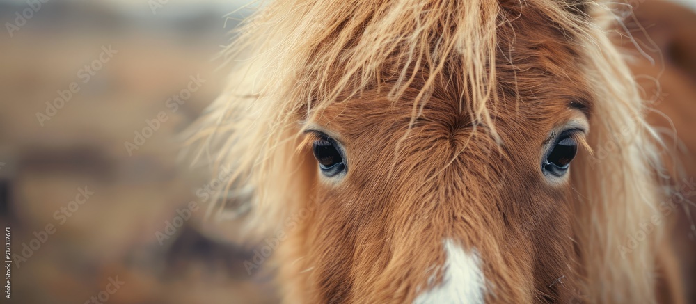 Poster A detailed image focusing on a tiny Shetland pony s face in a rural setting with ample space for duplicating content