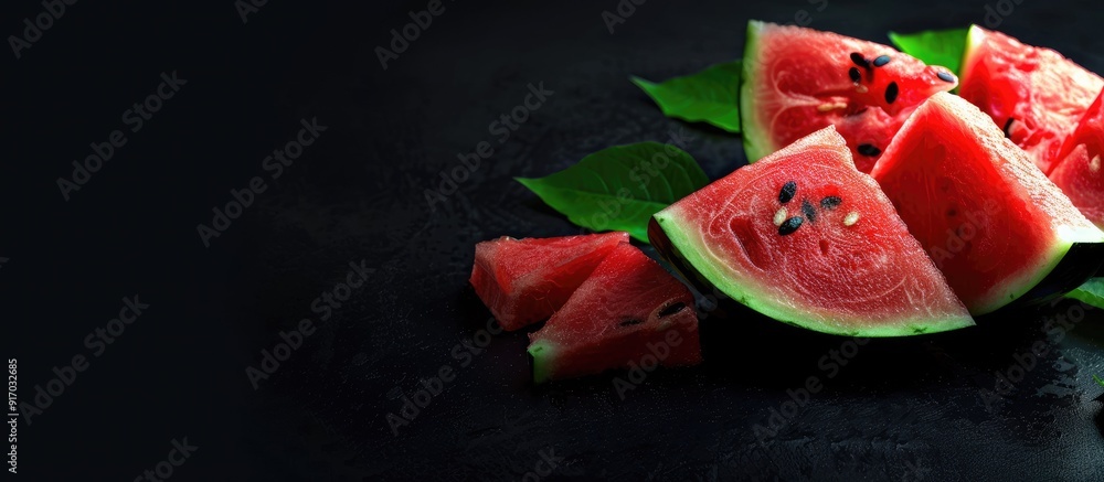 Poster Watermelon slices on a black background with copy space image