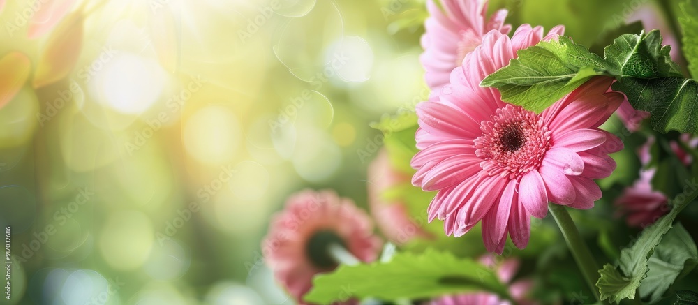 Poster pink gerbera flower set against a nature backdrop with ample copy space image