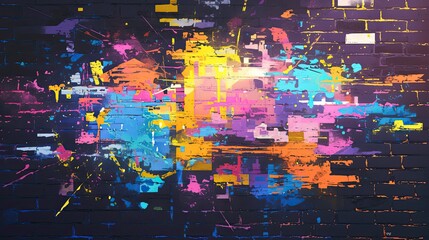 Obraz premium splattered paint, neon colors on a rough looking black brick wall