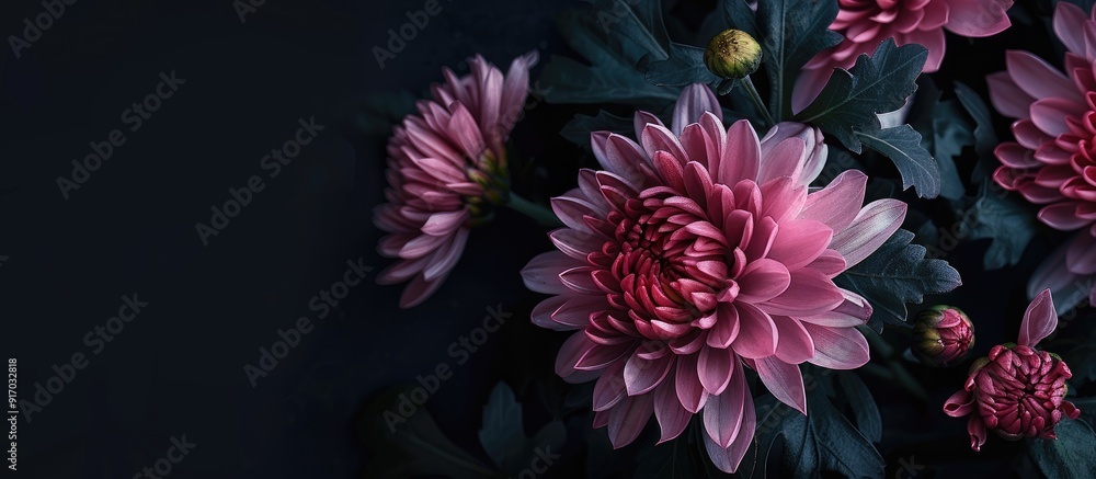 Poster chrysanthemum blooming on a dark backdrop with copy space image