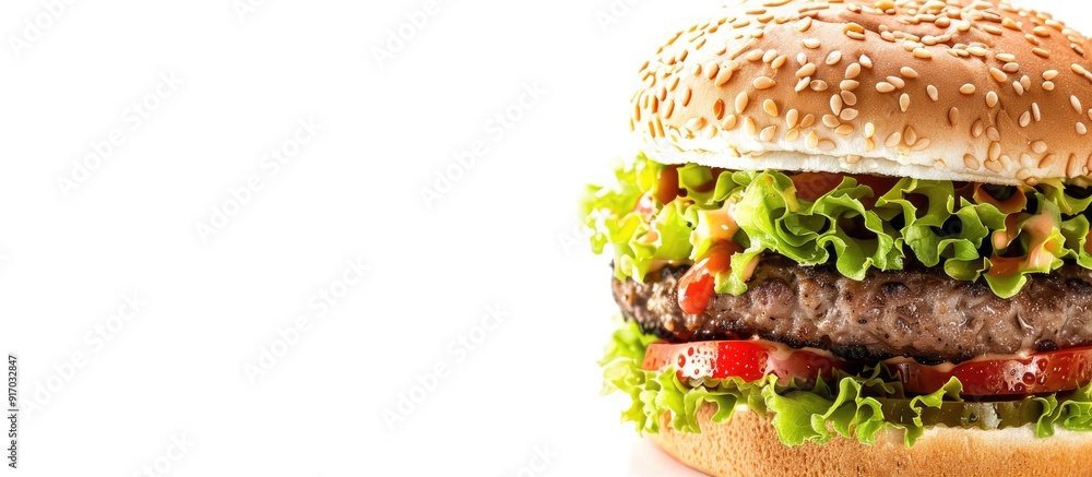 Poster Isolated in white a classic hamburger with copy space image
