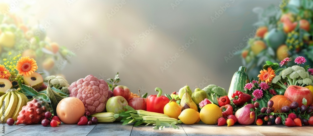 Aufkleber fresh organic vegetarian and vegan groceries featuring a variety of fruits and vegetables displayed 