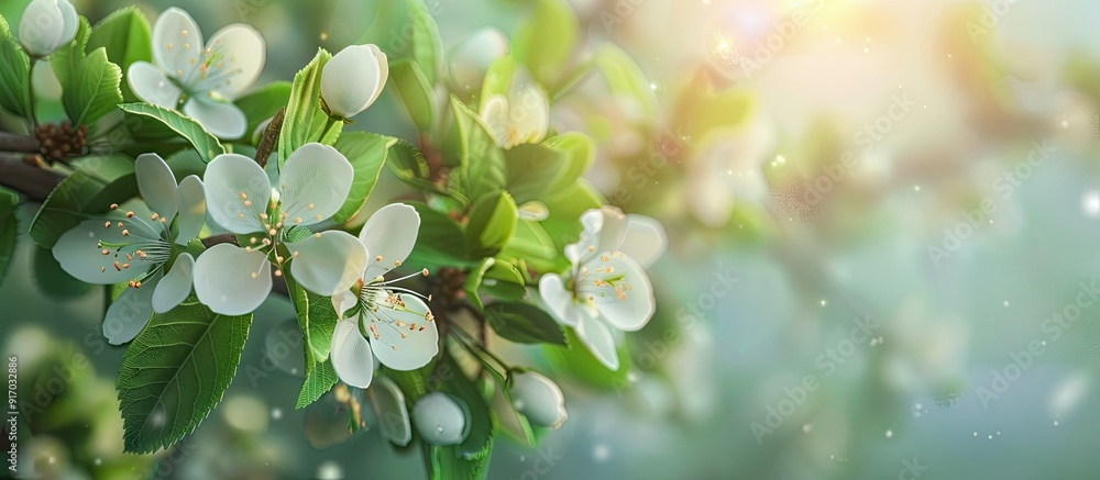 Aufkleber Closeup of a blooming pear tree branch with copy space image