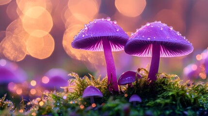 Fototapeta premium vibrant purple mushrooms, lush green moss, macro photography, forest floor, magical atmosphere, soft bokeh background, dew drops, golden sunlight, fairy tale setting.