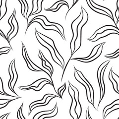 Seamless pattern with twigs and leaves outline. Hand drawn floral botanical design. Modern print for textile, fabric, wallpaper, wrapping, scrapbook and packaging