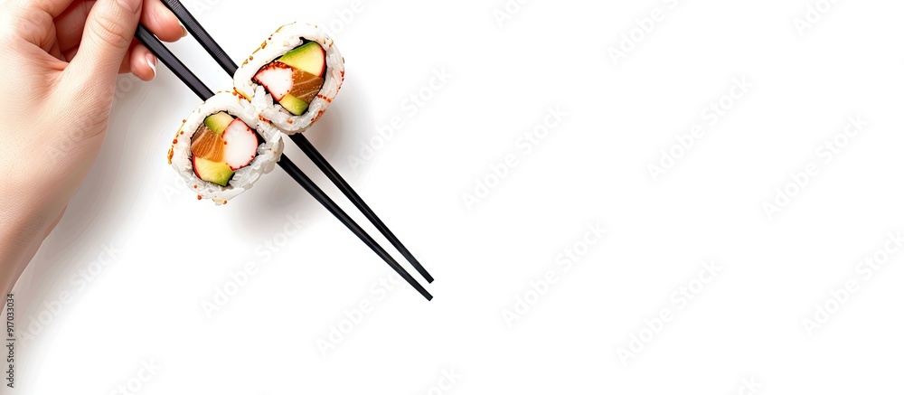 Poster a hand holding delicious sushi with chopsticks on a blank backdrop perfect for copy space image