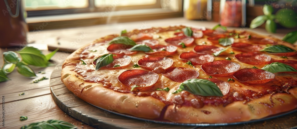 Poster delicious pepperoni pizza with fresh basil on a table with copy space image
