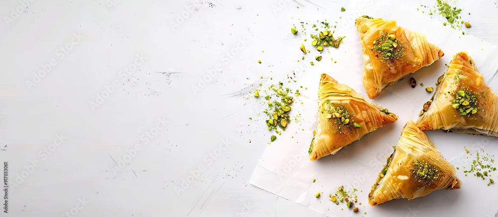 Poster dessert of pistachio baklava displayed on a white backdrop with copy space image