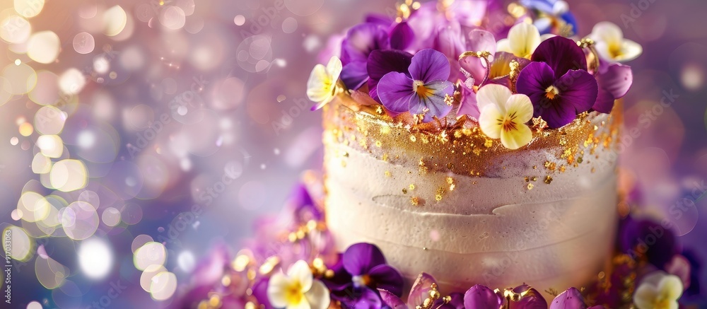 Poster birthday cake decorated in gold and purple tones with vibrant flowers creating an aesthetically plea