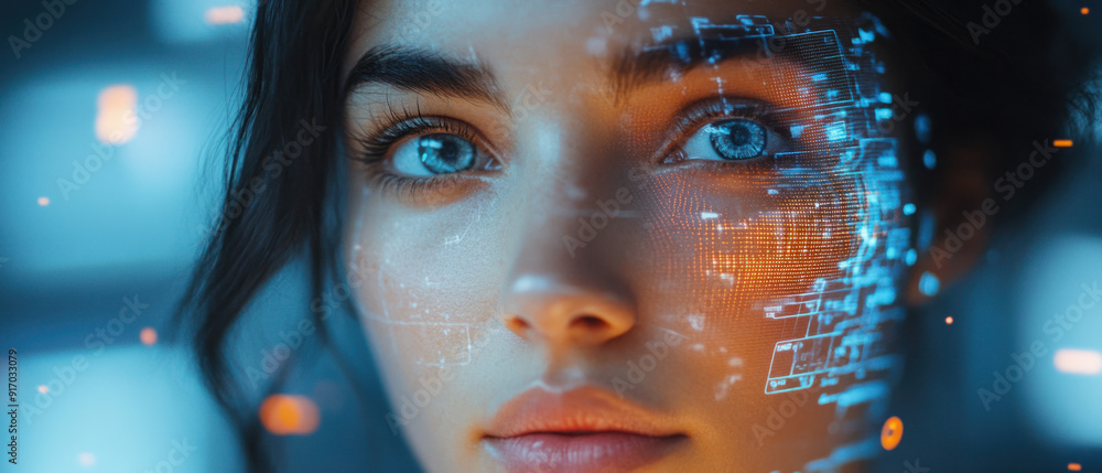 Poster ai face recognition, an advanced ai system scans a female face for identification, with interactive 