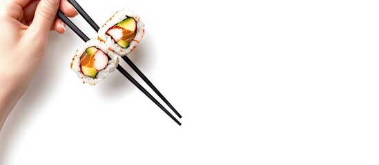 A hand holding delicious sushi with chopsticks on a blank backdrop perfect for copy space image