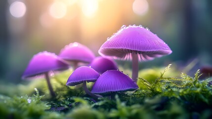 Fototapeta premium vibrant purple mushrooms, lush green moss, macro photography, forest floor, magical atmosphere, soft bokeh background, dew drops, golden sunlight, fairy tale setting.