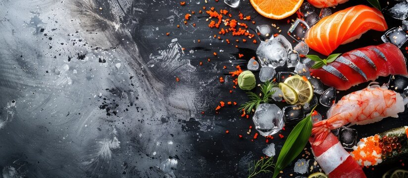 Various types of raw fish along with crushed ice and decorative leaves are beautifully arranged in a copy space image - Powered by Adobe
