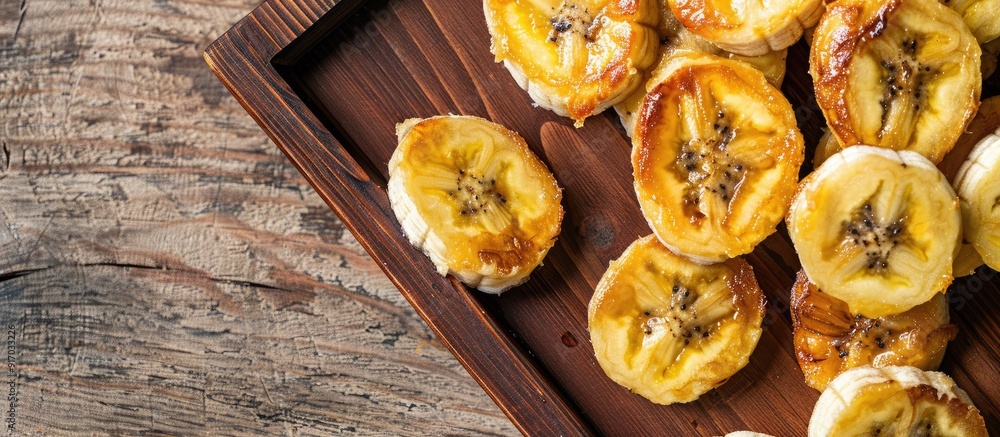 Poster bananas fried and arranged on a wooden tray with ample copy space image
