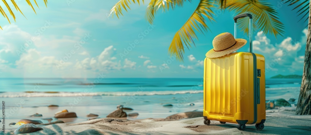 Poster summer vacation vibes with a yellow suitcase on a tropical beach accompanied by a straw hat creating