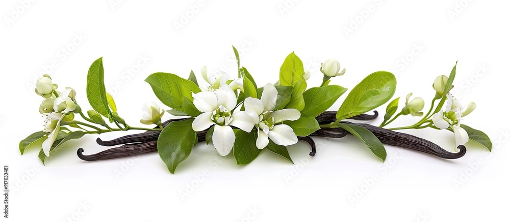 Poster isolated on a white background a serene composition of vanilla pods green foliage and delicate flowe