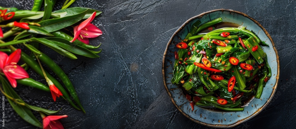 Aufkleber traditional stir fried morning glory with chili and oyster sauce displayed in a vibrant dish creatin