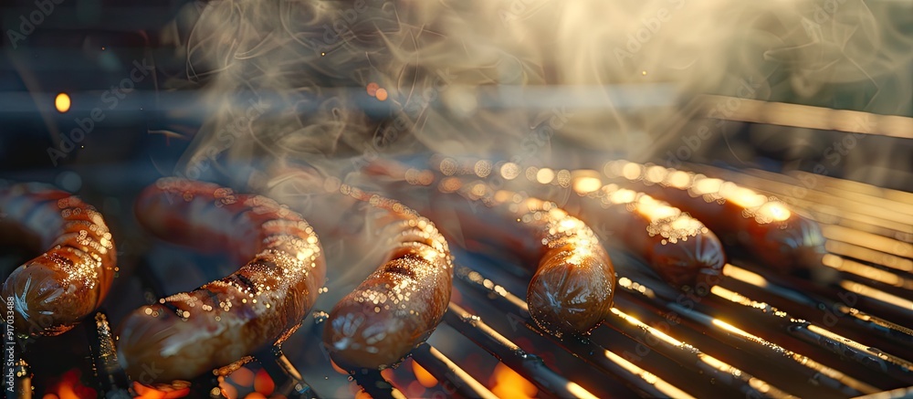 Poster sizzling sausages on a bbq grill with a copy space image