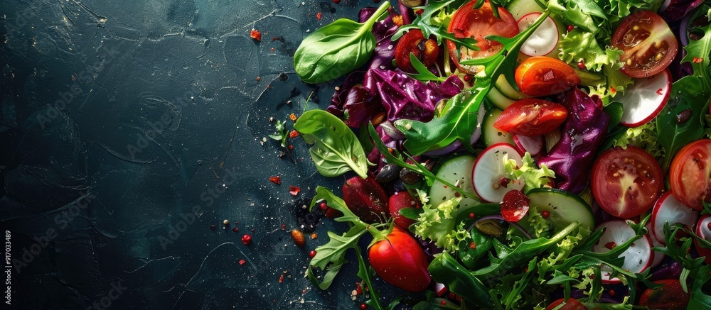 Poster A vibrant salad with a range of different shades and flavors complemented by a stunning background with blank space for images. . image with copy space