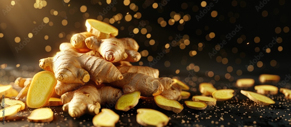 Poster pile of fresh ginger with copy space image