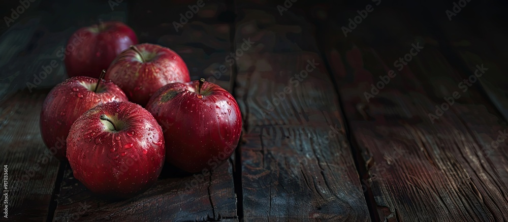 Poster Apples with a red hue arranged on a rustic wooden table with copy space image