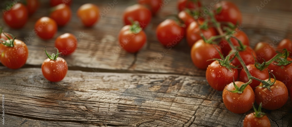 Poster Cherry tomatoes arranged nicely on a wooden backdrop with copy space image