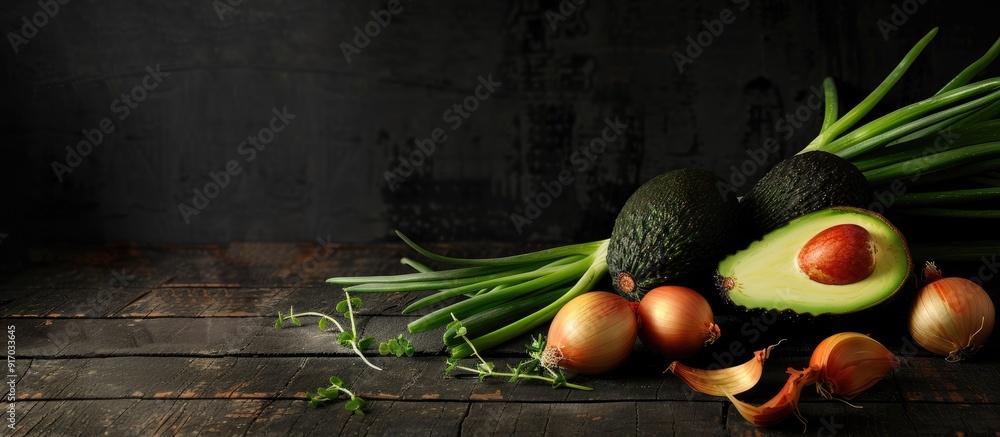 Poster avocado and onions prepared for consumption with appropriate copy space image
