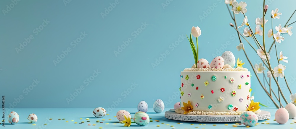 Poster An Easter cake displayed against a serene blue backdrop with ample copy space image