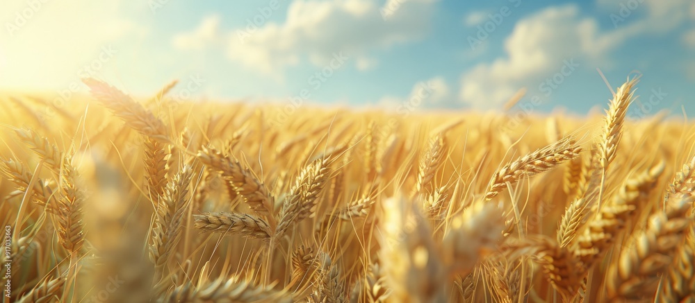 Poster rural landscape with a wheat field on a sunny day featuring a close up of ripening wheat ears creati