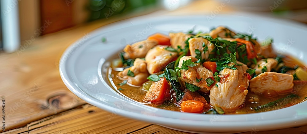 Poster A plate of chicken vegetable stew on a wooden table with a clean background suitable for utilizing as a copy space image