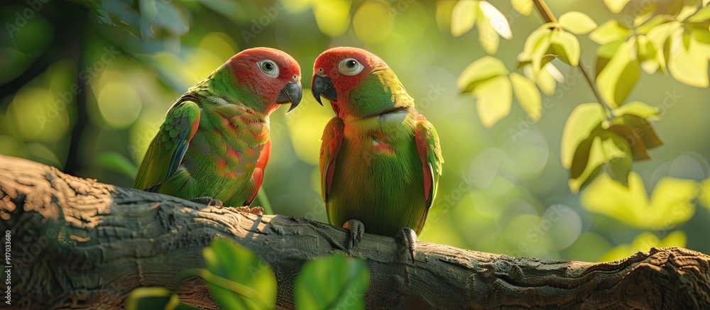 Poster Scaly headed parrot birds create a lovely pair perched on a tree with a beautiful natural background ideal for a copy space image