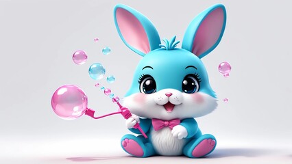 Fototapeta premium A 3D kawaii bunny sitting down blowing bubbles from a bubble wand, white background